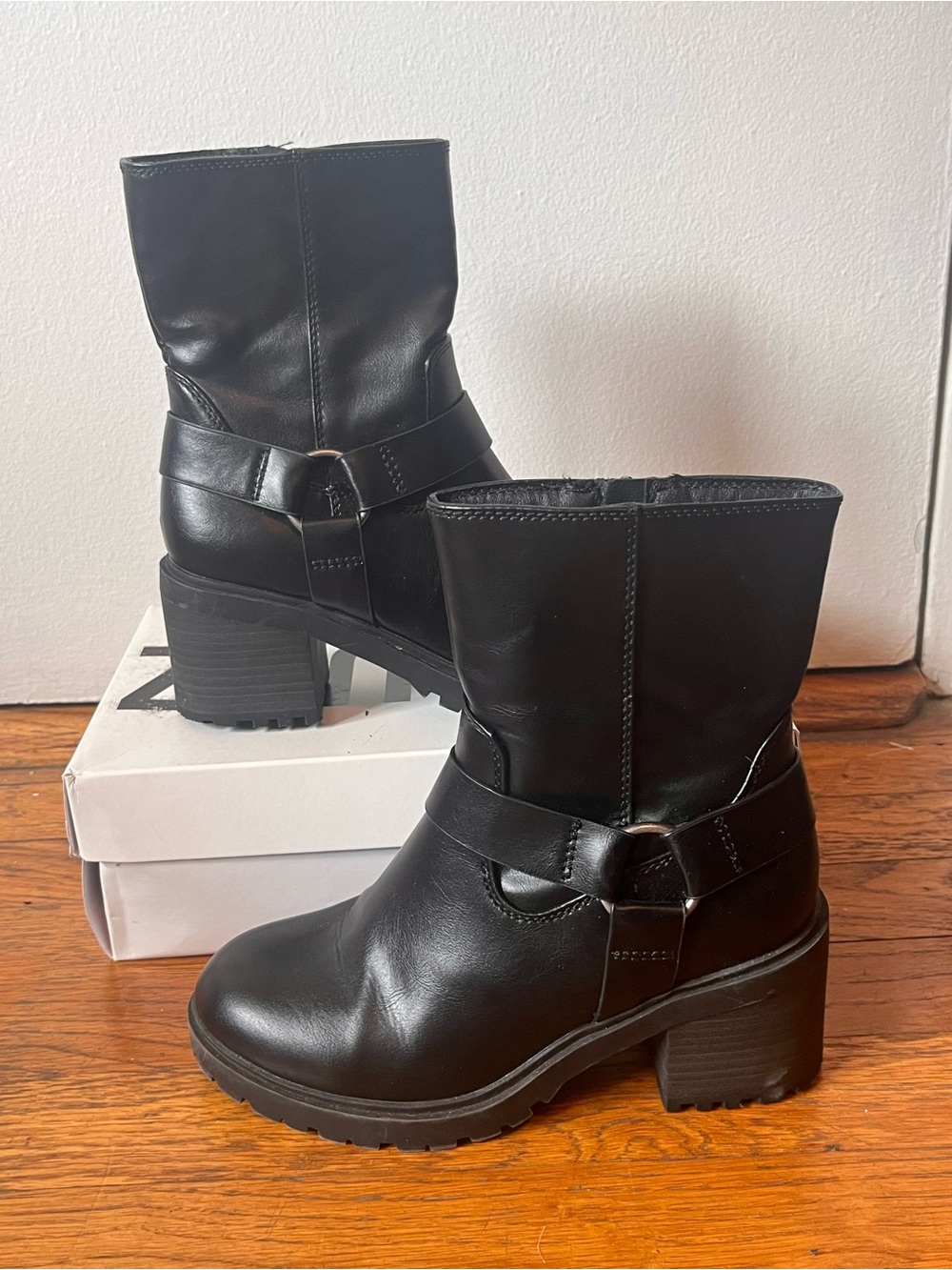 A New Day Black Mid-Calf Block Heel Harness Boots